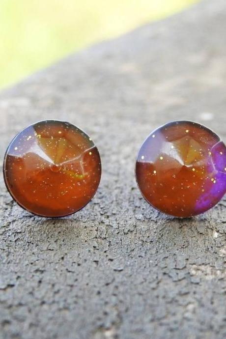 Amber And Pink Iridescent Resin Stud Earrings With Gold Glitter