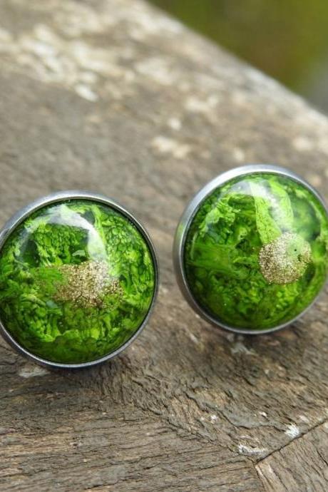 Green And Gold Petri Dish Resin Stud Earrings