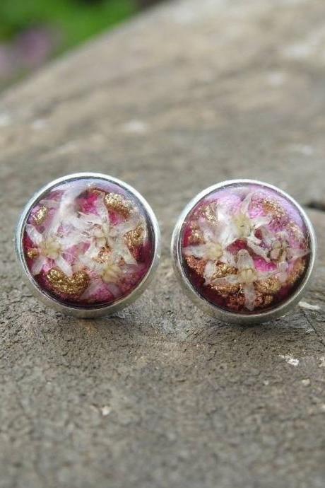 Pink And Gold Resin Stud Earrings With Real Flowers
