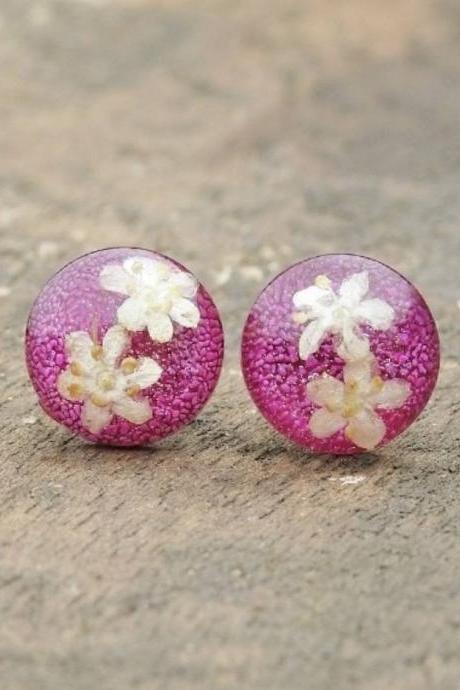 Pink Resin Stud Earrings with Real Flowers