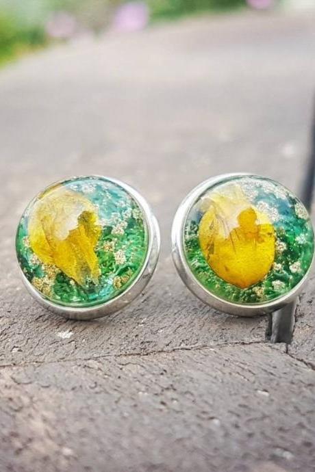 Green And Gold Resin Stud Earrings With Real Flowers