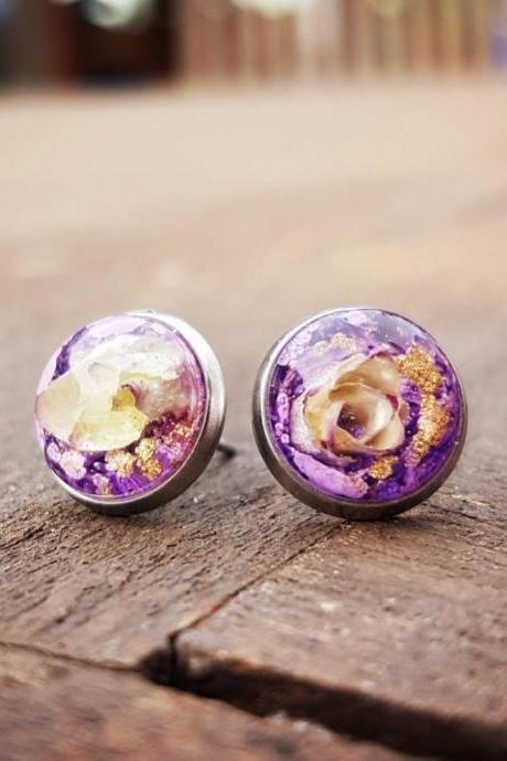 Purple And Gold Resin Stud Earrings With Real Flowers
