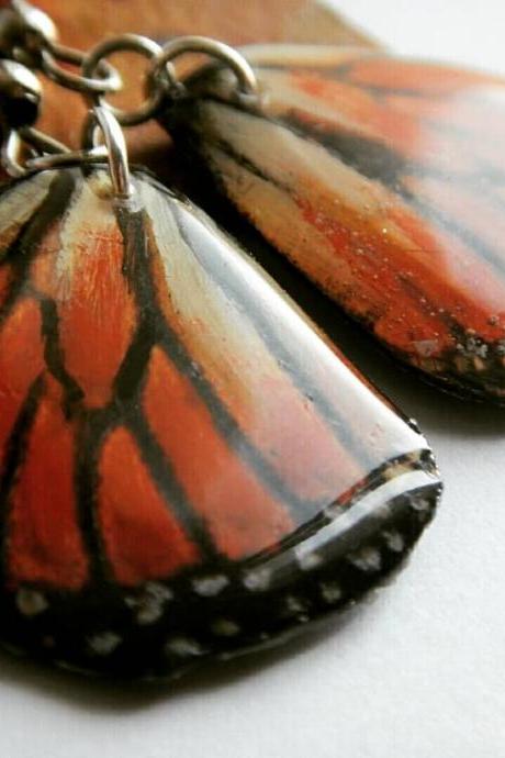Hand-Painted Red Monarch Butterfly Wing Resin Dangle Earrings