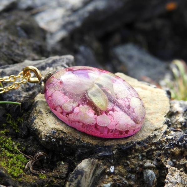 Pink And Gold Resin Pendant With Real Rosebud Flower